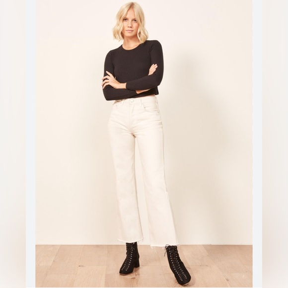 Reformation Denim - Reformation Fawcett Crop Wide Leg Jeans Size 24 Ivory Raw Hem
